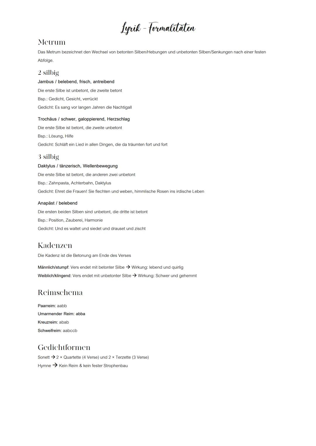 Metrum
Das Metrum bezeichnet den Wechsel von betonten Silben/Hebungen und unbetonten Silben/Senkungen nach einer festen
Abfolge.
Lyrik - For