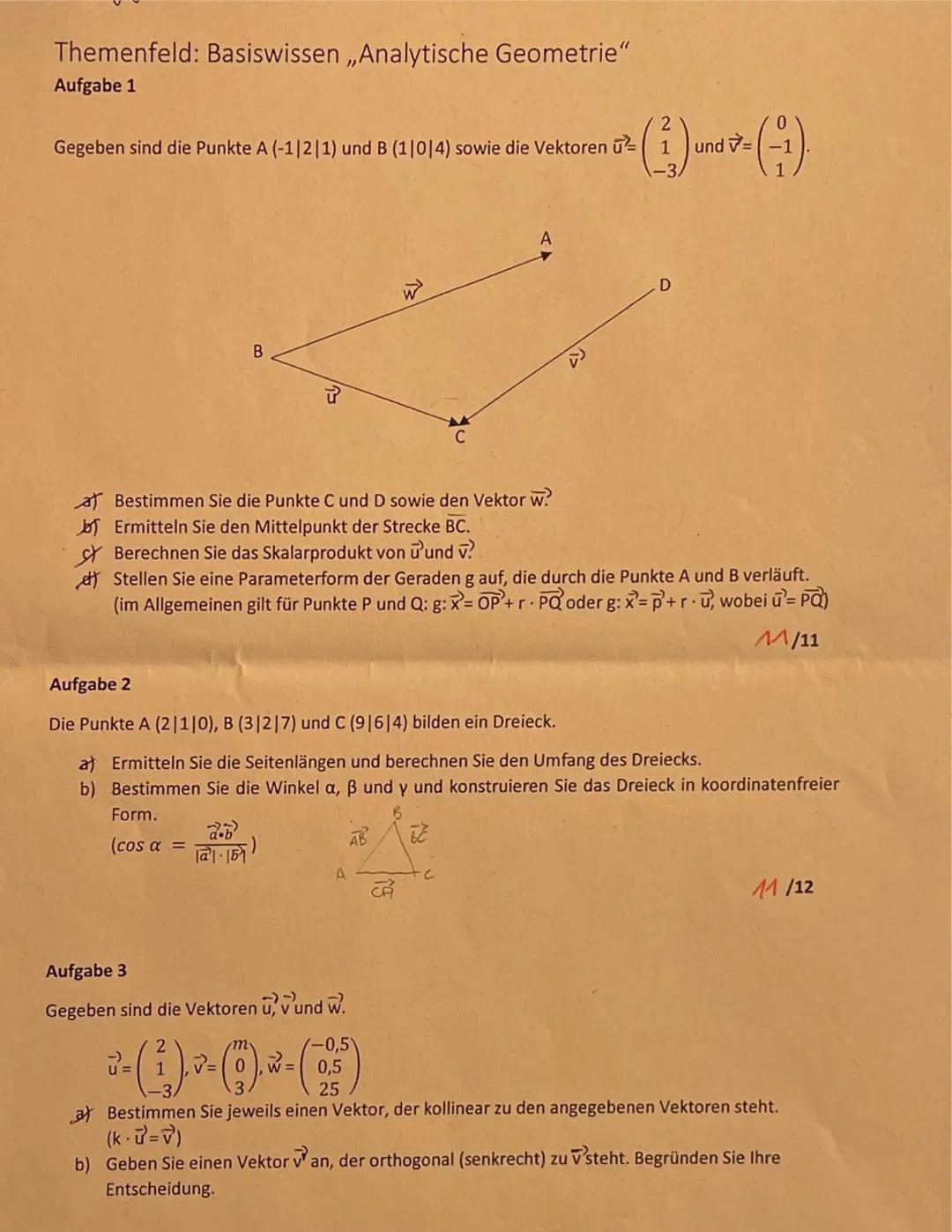Klausur + Lösung + Formelsammlung: Analytische Geometrie