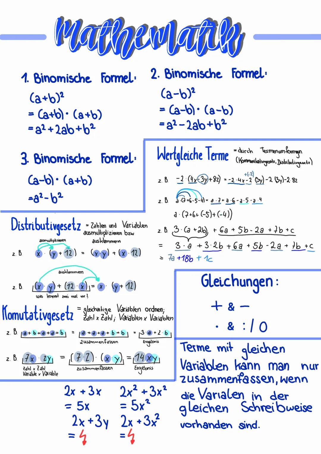 Mathematik
1. Binomische Formel: 2. Binomische Formel:
(a+b)²
(a-b)²
= (a+b) (a+b)
=a²+2ab+b²
= (a-b). (a-b)
=a²-2ab+b²
3. Binomische Formel