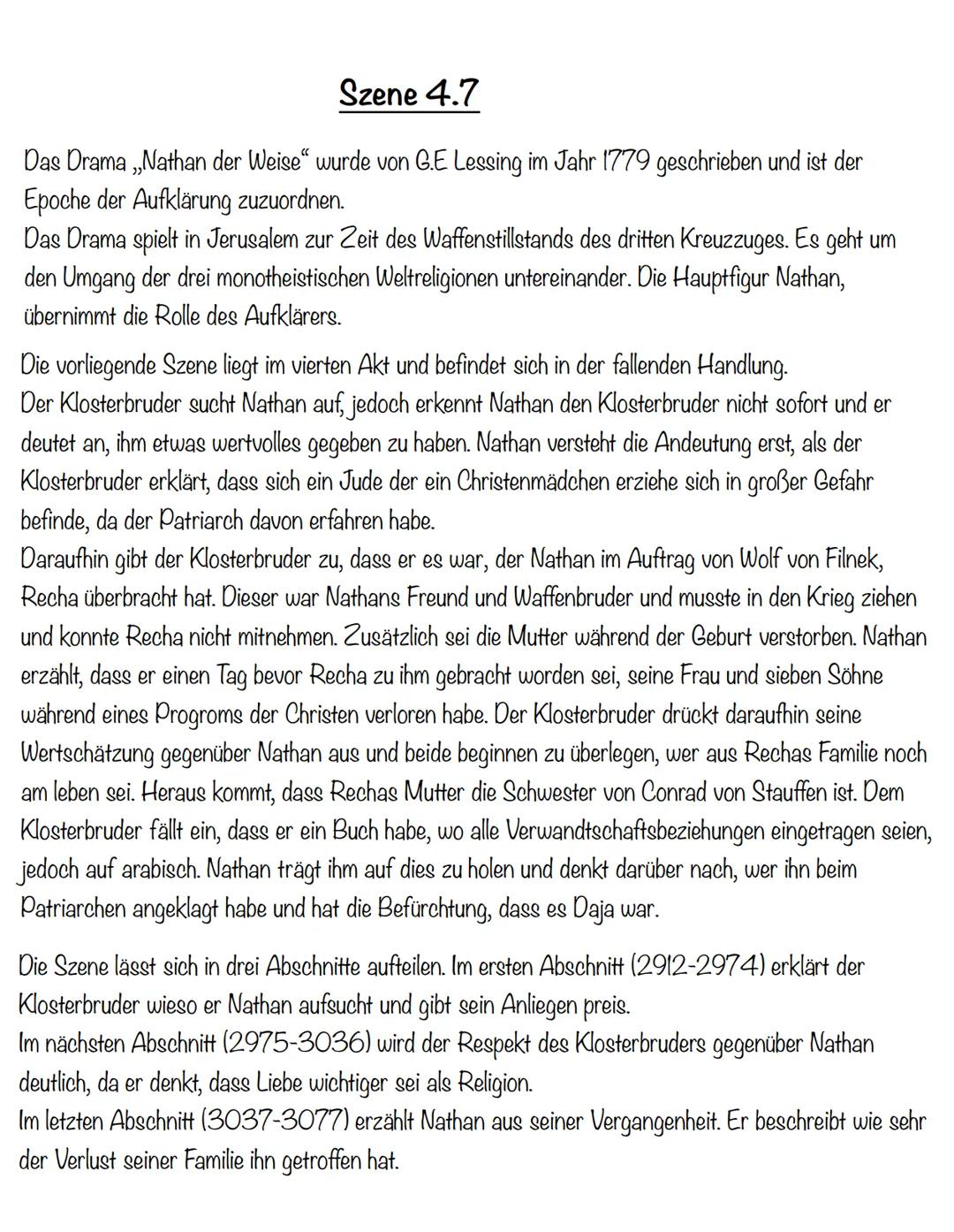 Szene 4.7
Das Drama „Nathan der Weise" wurde von G.E Lessing im Jahr 1779 geschrieben und ist der
Epoche der Aufklärung zuzuordnen.
Das Dram