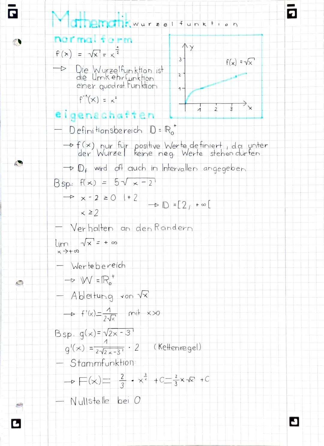 Mathematik wurz
normal form
f(x) = √x = x²
- Die Wurzelfunktion ist
die Umkehrfunktion
einer quadrat. Funktion
f^ ^²(x) = x²
eigenschaften
D