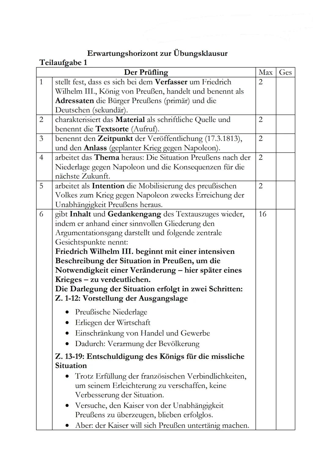Übungsklausur zum Inhaltsfeld
Napoleon
Aufgabe 1:
Am 17. März 1813 wandte sich König Friedrich Wilhelm III. von Preußen in Breslau mit der
R