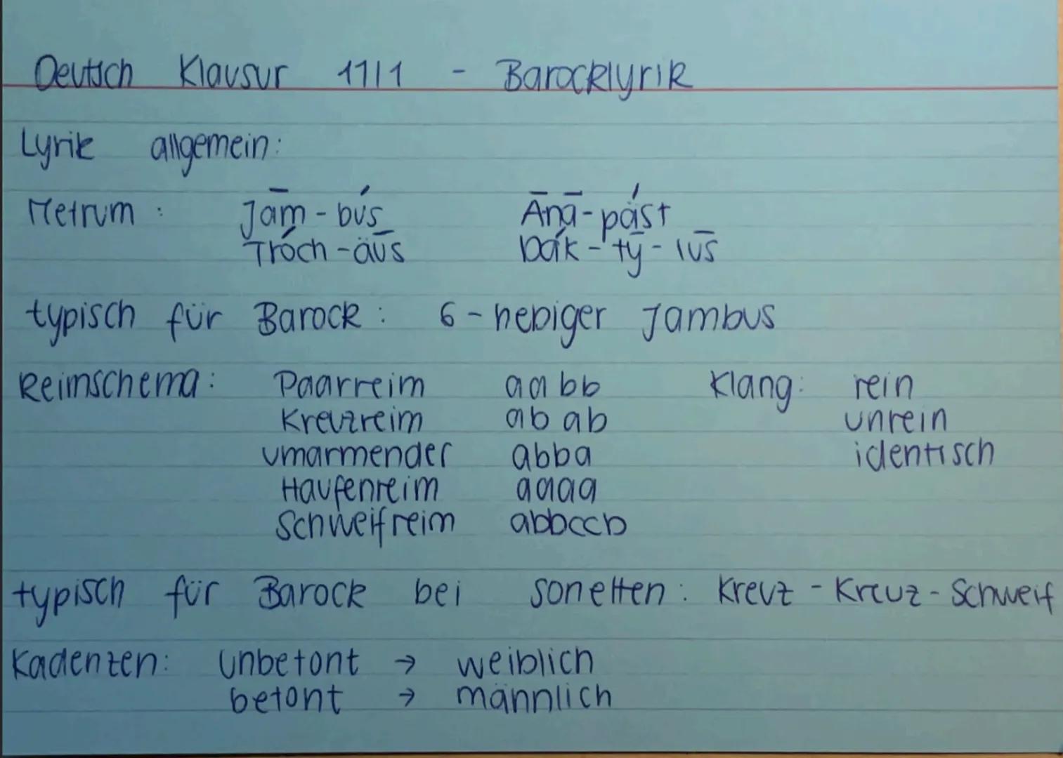 # Wichtig für die Klausur
• Motren erkennen
• Reinschema erkennen
• Stellung des Reims erkennen (Anfangsrein, Endreim)
• Klang des Reims