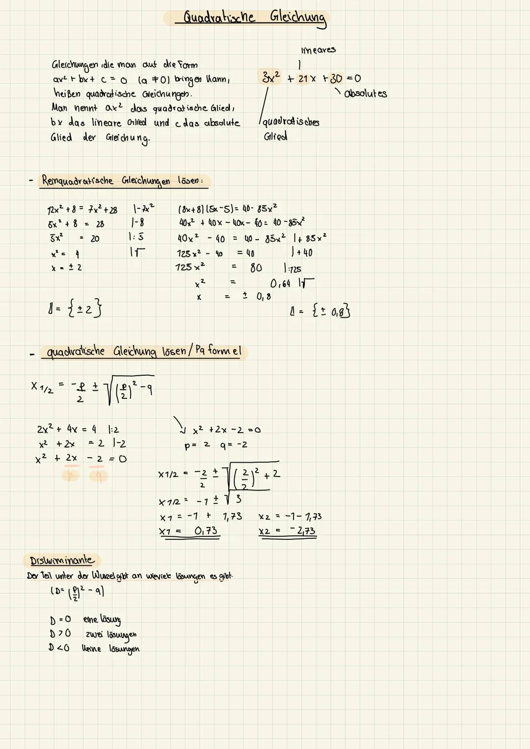 Gleichungen die man auf die Form
ax² + bx + c =
heißen quadratische Gleichungen.
Man nennt ax² das quadratische Glied,
by das lineare Onlied