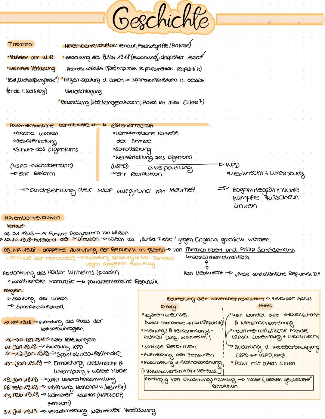 Themen:
-Novemberrevolution: Verlauf, Fachbegriffe (Planate)
• Parteien der W.R.
• Bedeutung des 9. Nov. 1918 (Abdankung), doppelter
Ausrut