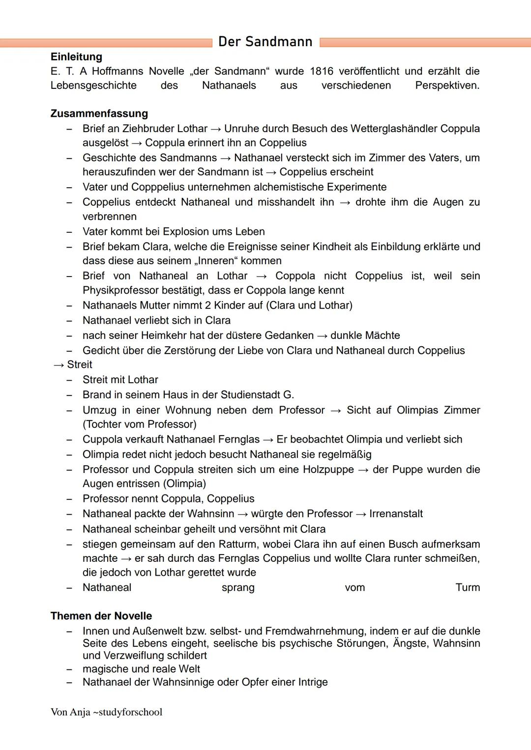 # Der Sandmann
Einleitung
E. T. A Hoffmanns Novelle „der Sandmann" wurde 1816 veröffentlicht und erzählt die
Lebensgeschichte des Nathanael