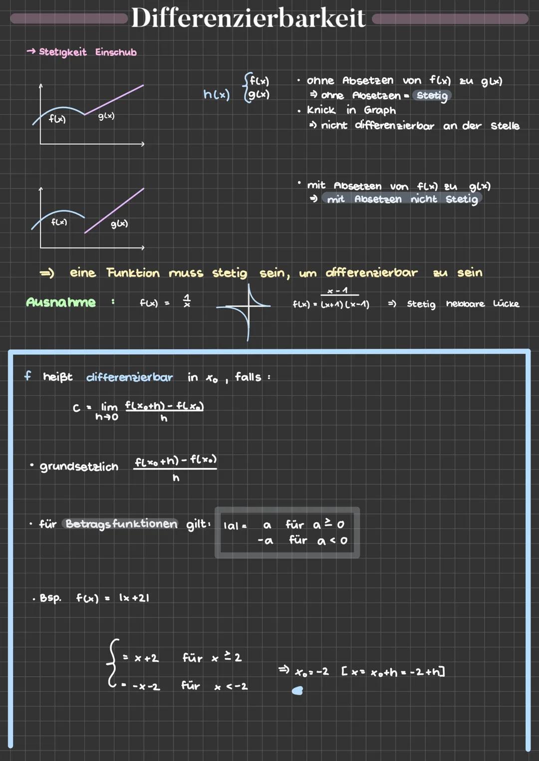 # Differenzierbarkeit
→Stetigkeit Einschub
f(x)
9(x)
h(x)
$
\begin{cases}
f(x)\\
(g(x)
\end{cases}
$
- ohne Absetzen von f(x) zu glx)