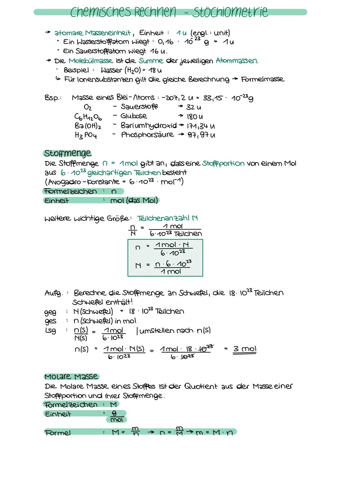 # Chemisches Rechnen - Stöchiometrie
- atomare Masseneinheit, Einheit : 1u (engl.: unit)
- Ein Wasserstoffatom Wiegt : 0,16 · 10⁻²³ g = 1u