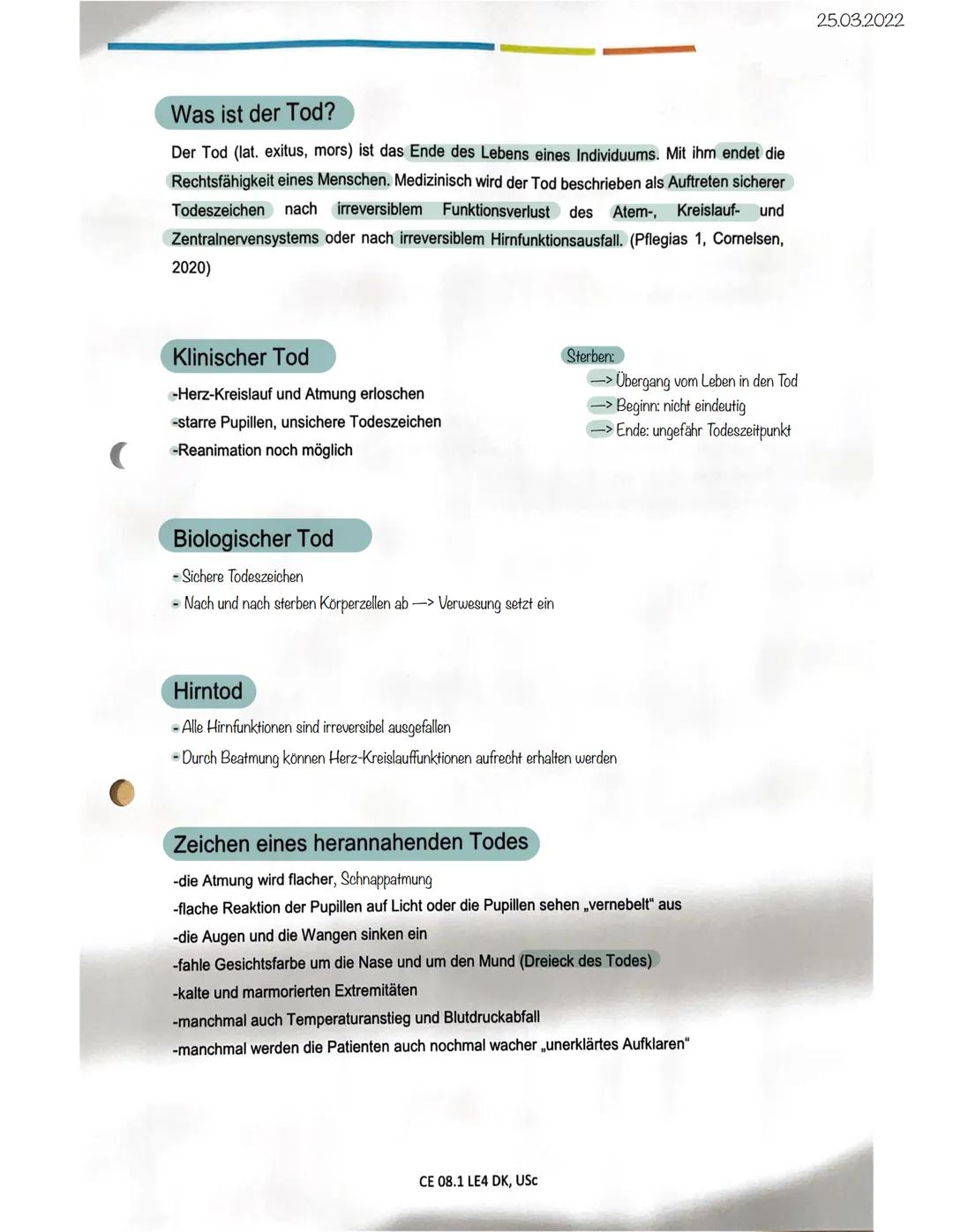 Was ist der Tod?
Der Tod (lat. exitus, mors) ist das Ende des Lebens eines Individuums. Mit ihm endet die
Rechtsfähigkeit eines Menschen. Me