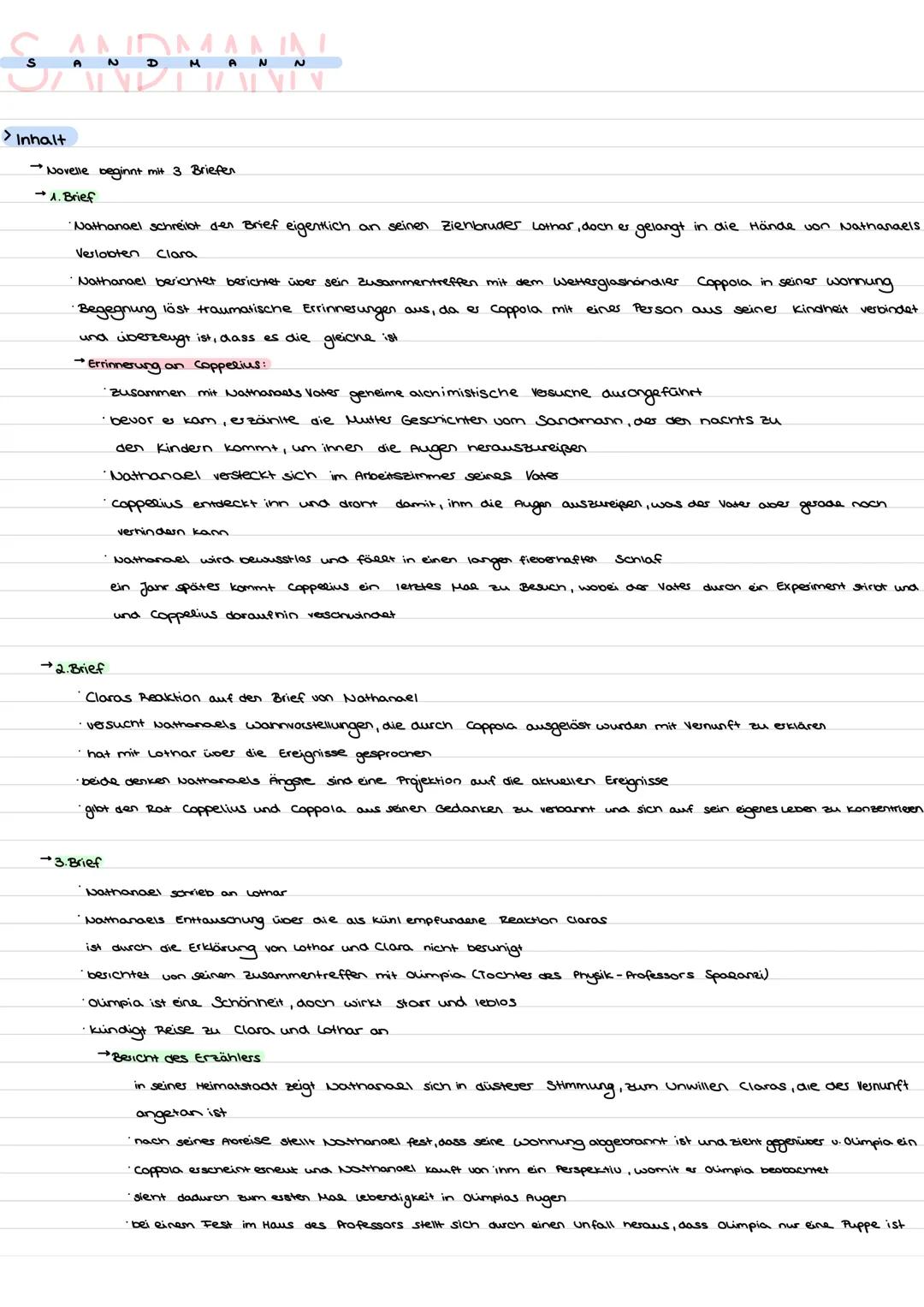 # SANDMANN
> Inhalt
- Novelle beginnt mit 3 Briefen
- 1. Brief
Nathanael schreibt den Brief eigentlich an seinen zienbruder Lothar, do