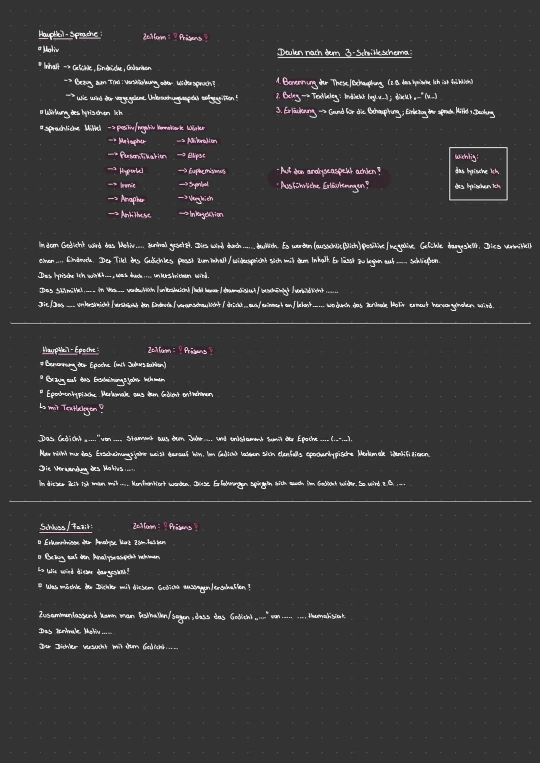 Haupteil-Sprache:
Motiv
Zeitfam: Präsens!
Inhalt -> Gefühle, Eindrücke, Gedanken
-Bezug aum Titel: Verstärkung oder Widerspruch?
wie wird de