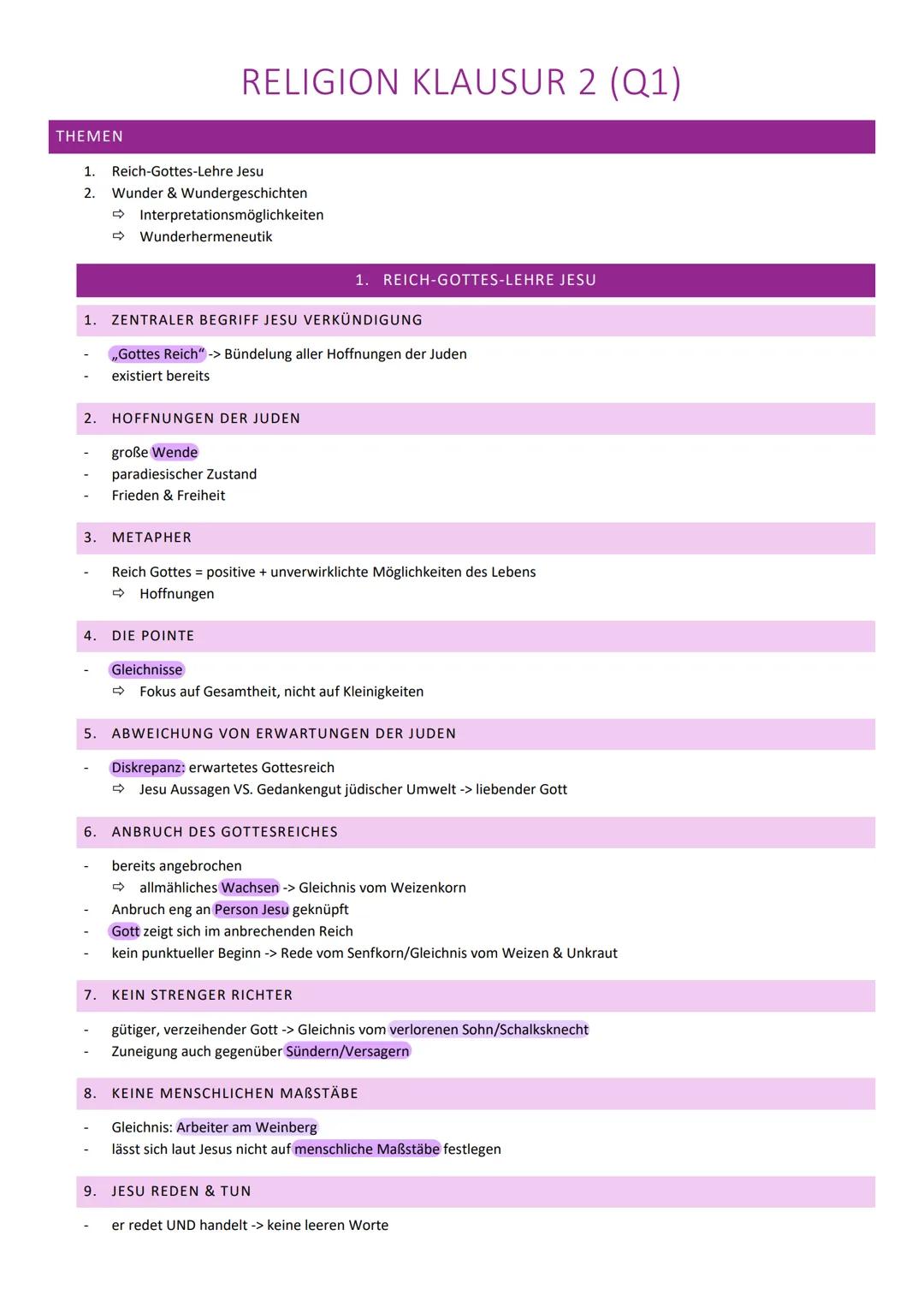 THEMEN
1. Reich-Gottes-Lehre Jesu
2. Wunder & Wundergeschichten
Interpretationsmöglichkeiten
Wunderhermeneutik
1.
2.
4.
RELIGION KLAUSUR 2 (