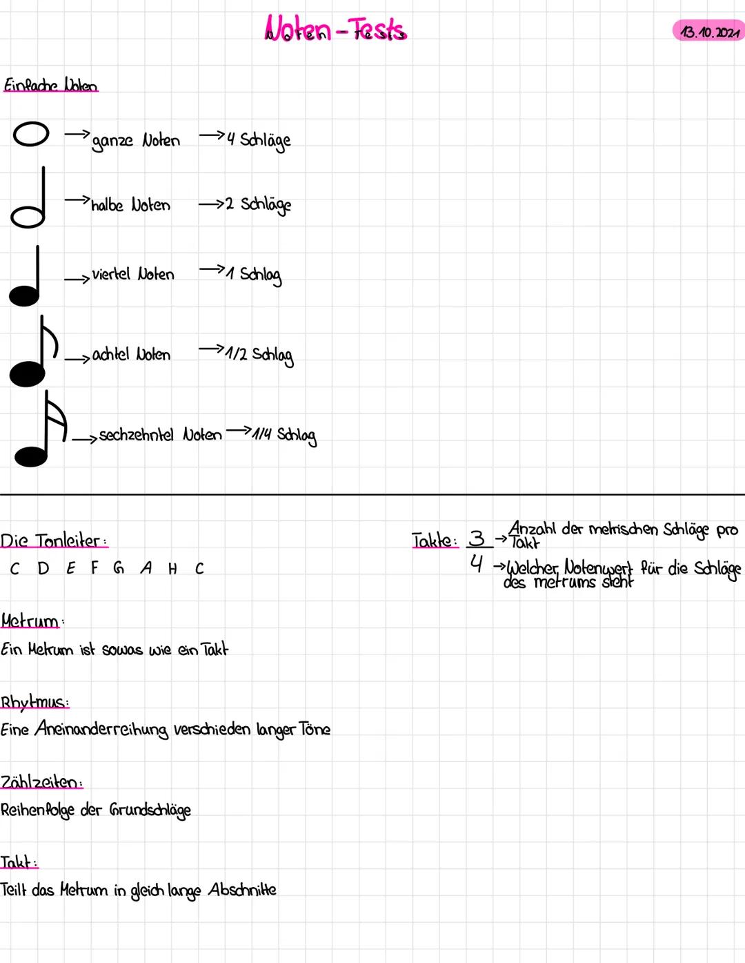 Einfache Noten
ganze Noten
halbe Noten
viertel Noten
→achtel Noten
→4 Schläge
Noten-Tests
→2 Schläge
Die Tonleiter:
C D E F G AH C
Zählzeite