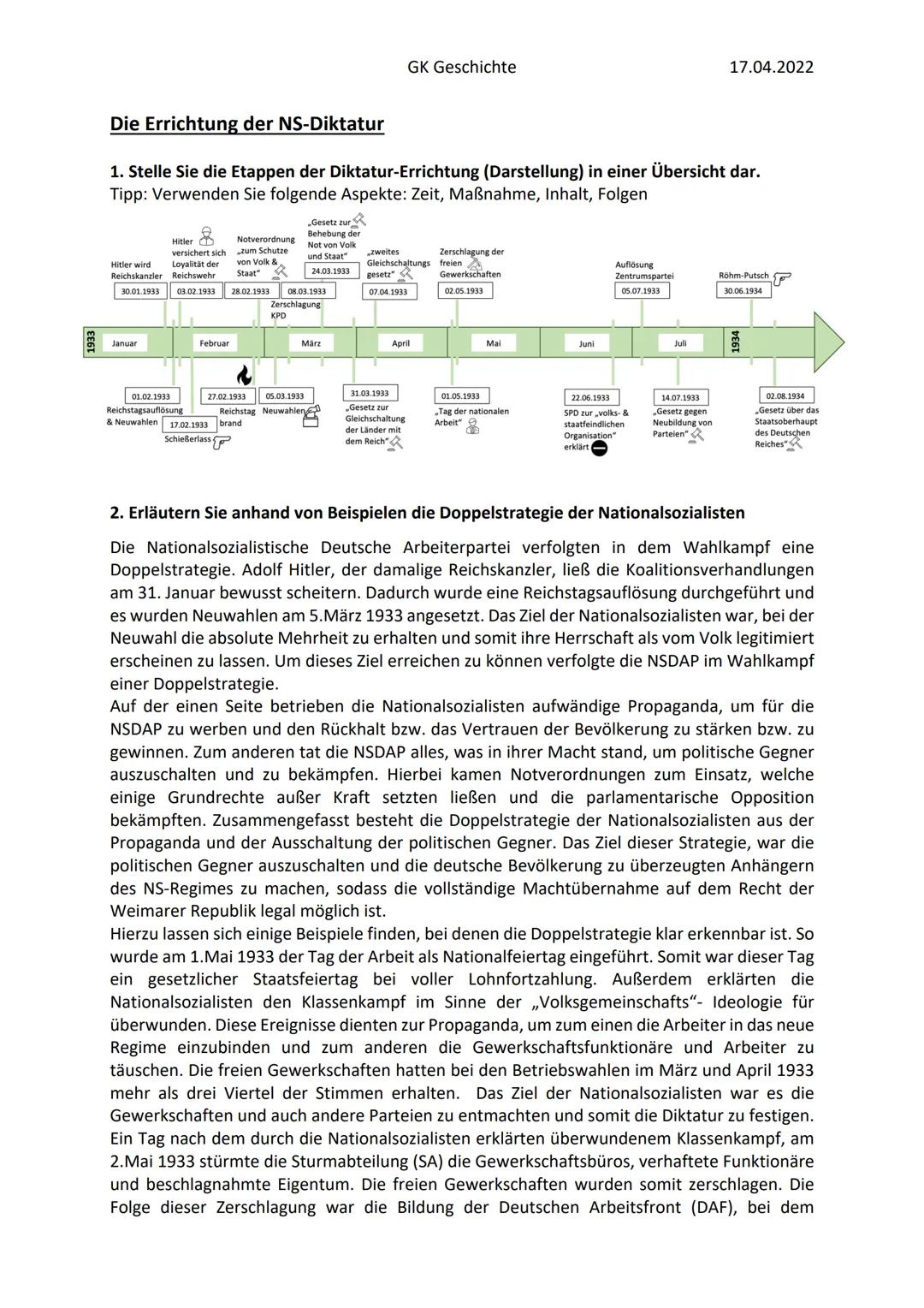 Die Errichtung der NS-Diktatur
1. Stelle Sie die Etappen der Diktatur-Errichtung (Darstellung) in einer Übersicht dar.
Tipp: Verwenden Sie f