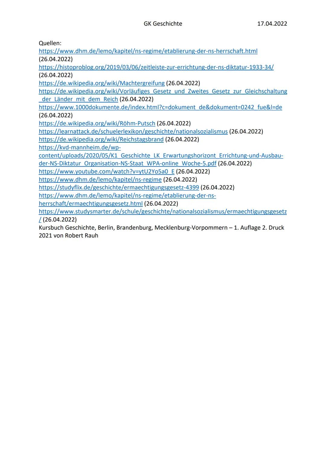 Die Errichtung der NS-Diktatur
1. Stelle Sie die Etappen der Diktatur-Errichtung (Darstellung) in einer Übersicht dar.
Tipp: Verwenden Sie f