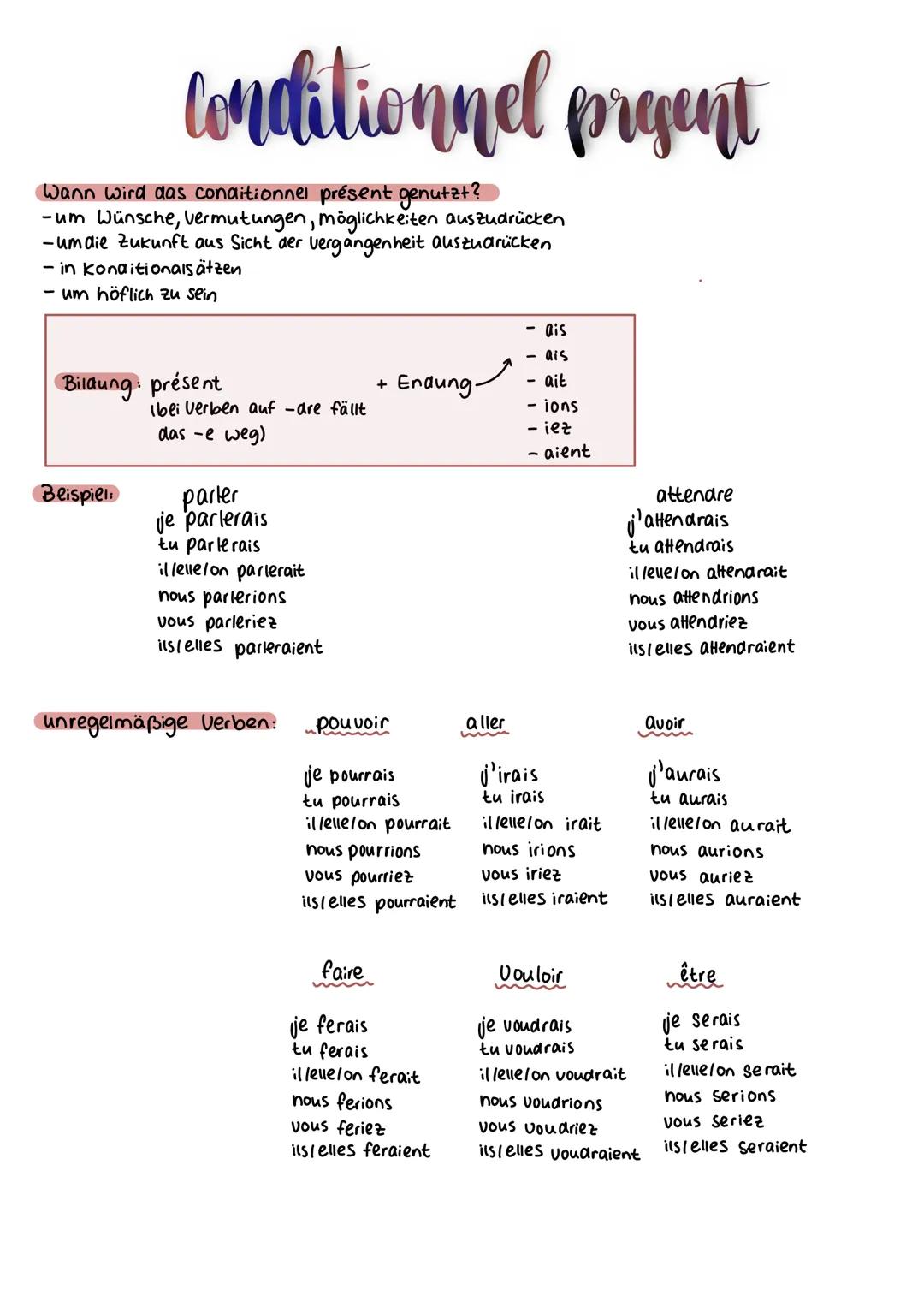 # conditionnel prgent
Wann wird das conditionnel présent genutzt?
-um Wünsche, Vermutungen, möglichkeiten auszudrücken
-umdie Zukunft aus