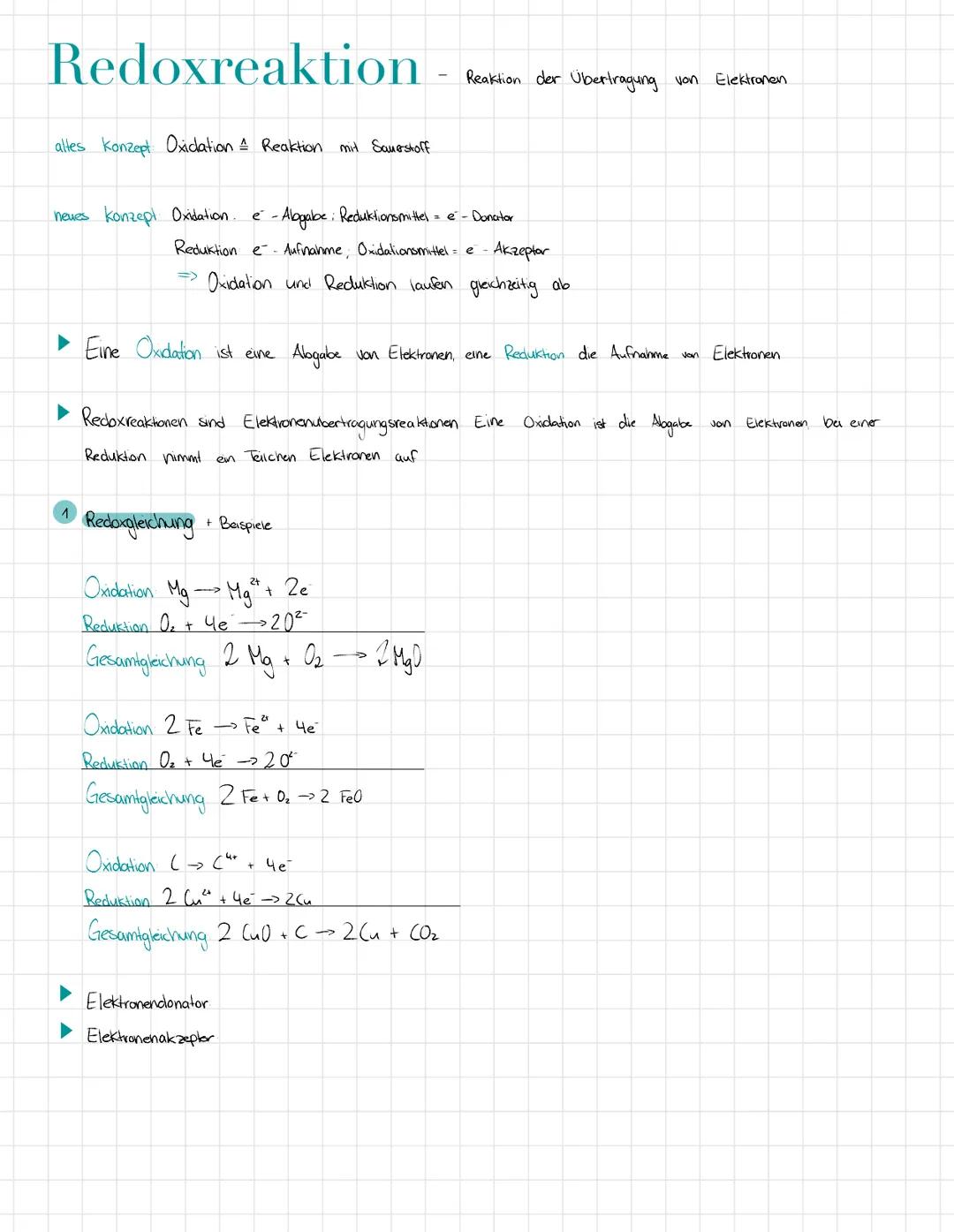 # Redoxreaktion
altes Konzept Oxidation Reaktion mit Sauerstoff
neues Konzept Oxidation e-Albgabe: Reduktionsmittel = e-Donator
Reduktion