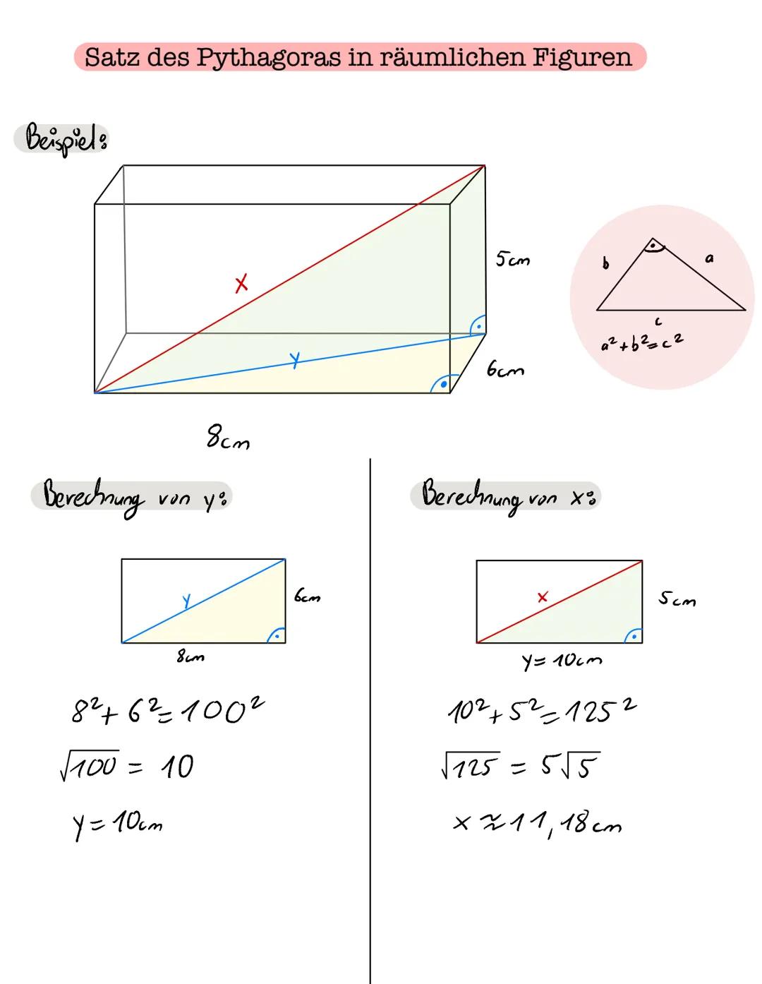 A
Rechtwinklige Dreiecke
Kathete b
C_Kathete
Hypotenuse c
62
c²
∙B
Formel
42
B
a² + b² = c²
Bei einem rechtwinkligen
Dreieck haben die Quadr