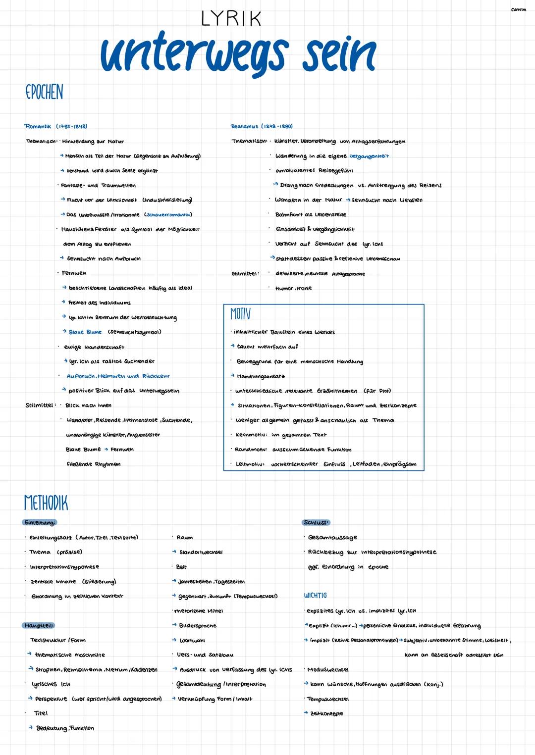 EPOCHEN
Romantik (1795-1848)
Thematisch: Hinwendung aur Natur
Einleitung:
Thema
→Mensch als Teil der Natur (Gegensate an Aufklärung).
→ vers