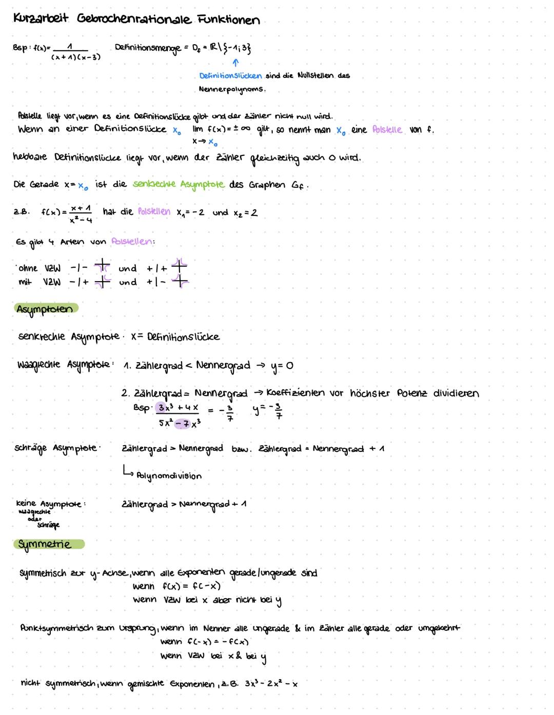 # Kurzarbeit Gebrochenrationale Funktionen
Bsp: f(x)=$\frac{1}{(x+1)(x-3)}$ Definitionsmenge = Of = R\{3-1;3\}
↑
Definitionslücken sind d