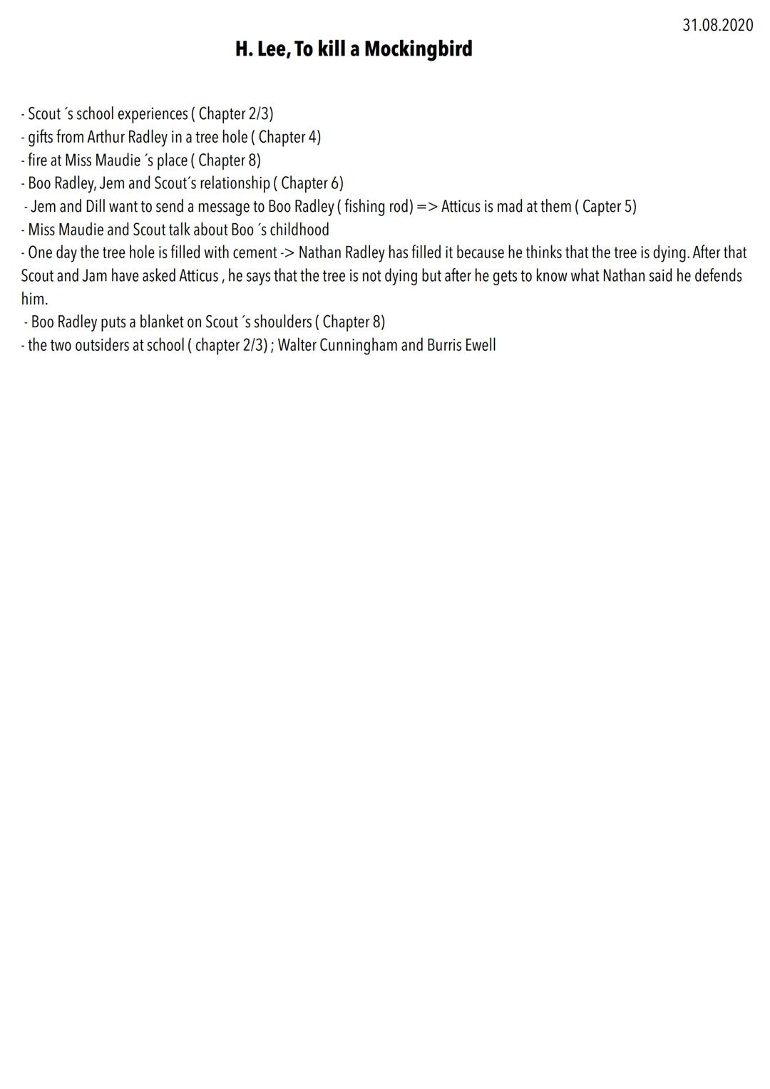 # To Kill A
Mockingbird
Winner of the
PULITZER PRIZE
HARPER LEE 31.08.2020
H. Lee, To kill a Mockingbird
- Scout 's school experiences