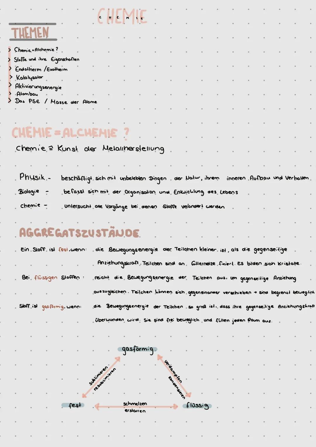 THEMEN
> Chemie - Alchemie?
> Stoffe und ihre Eigenschaften
> Endotherm /Exotherm
> Katalysator
> Aktivierungsenergie
> Atombau
> Das PSE /