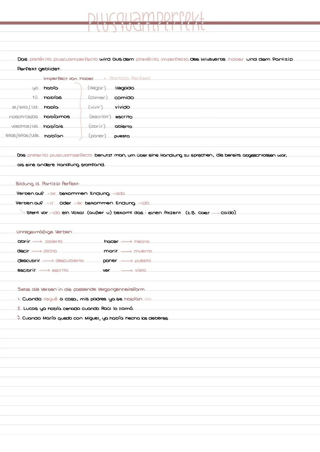 Das pretérito pluscuamperfecto wird aus dem pretérito imperfecto des Hilvsverbs haber und dem Partizip
Perfekt gebildet.
Imperfect von haber