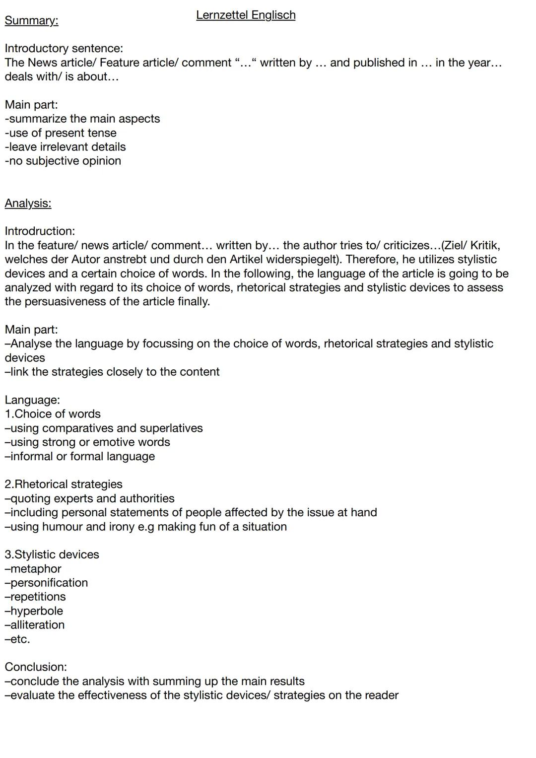 Summary:
Lernzettel Englisch
Introductory sentence:
The News article/ Feature article/ comment "..." written by ... and published in... in t