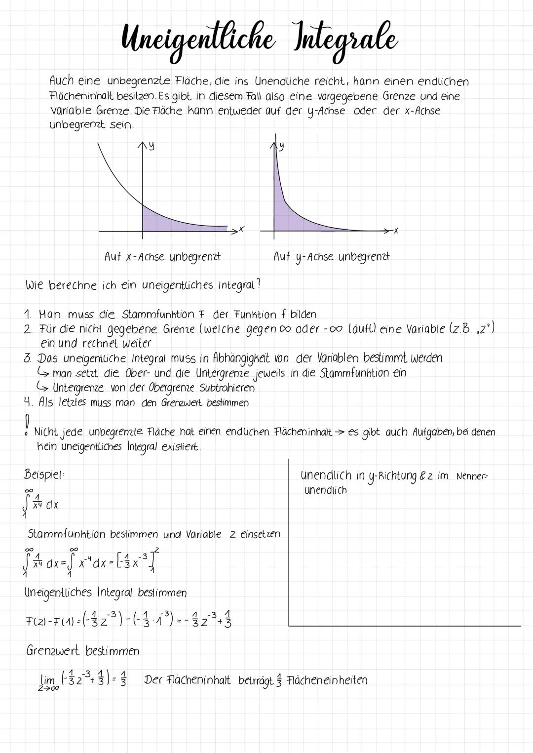 # Uneigentliche Integrale
Auch eine unbegrenzte Fläche, die ins Unendliche reicht, kann einen endlichen
Flächeninhalt besitzen. Es gibt in