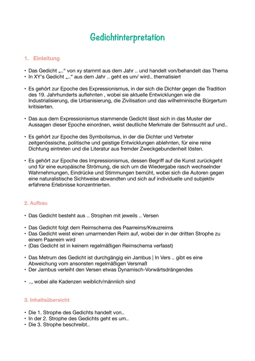 # Gedichtinterpretation
1. Einleitung
* Das Gedicht,." von xy stammt aus dem Jahr.. und handelt von/behandelt das Thema
* In XY's Gedi