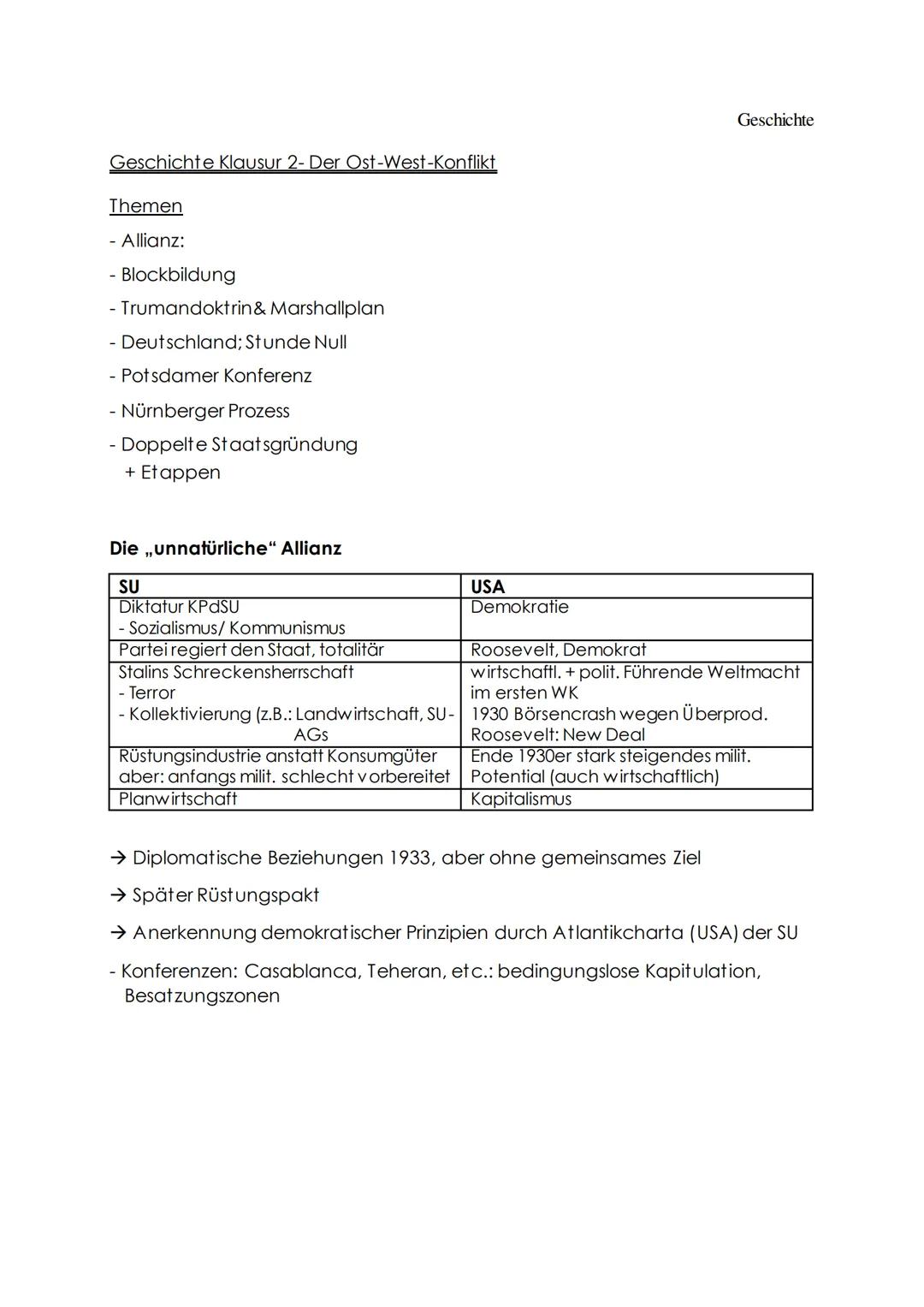 # Geschichte Klausur 2- Der Ost-West-Konflikt
## Themen
- Allianz:
- Blockbildung
- Trumandoktrin & Marshallplan
- Deutschland; Stunde Nul