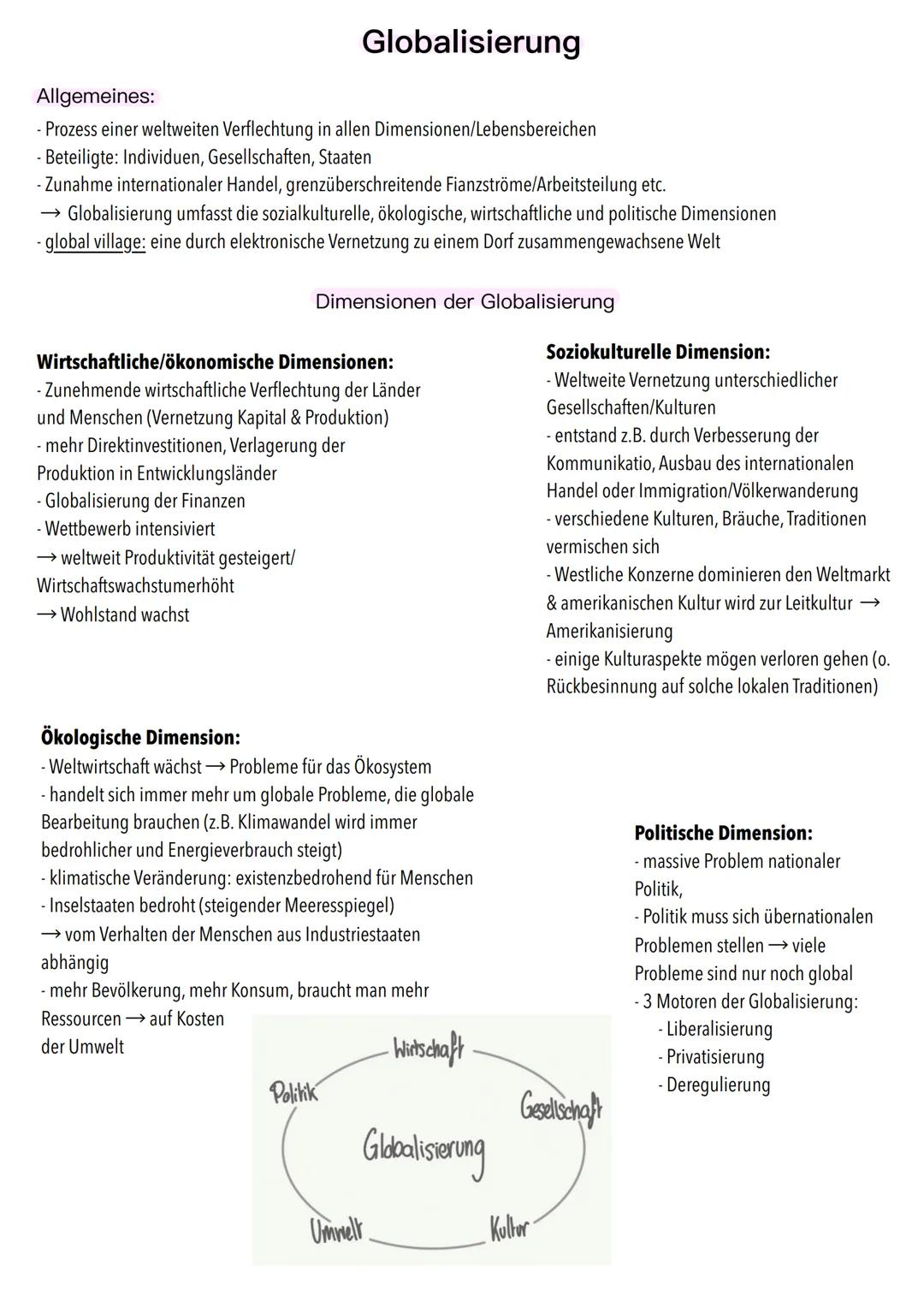 Globalisierung
Allgemeines:
- Prozess einer weltweiten Verflechtung in allen
- Beteiligte: Individuen, Gesellschaften, Staaten
- Zunahme int