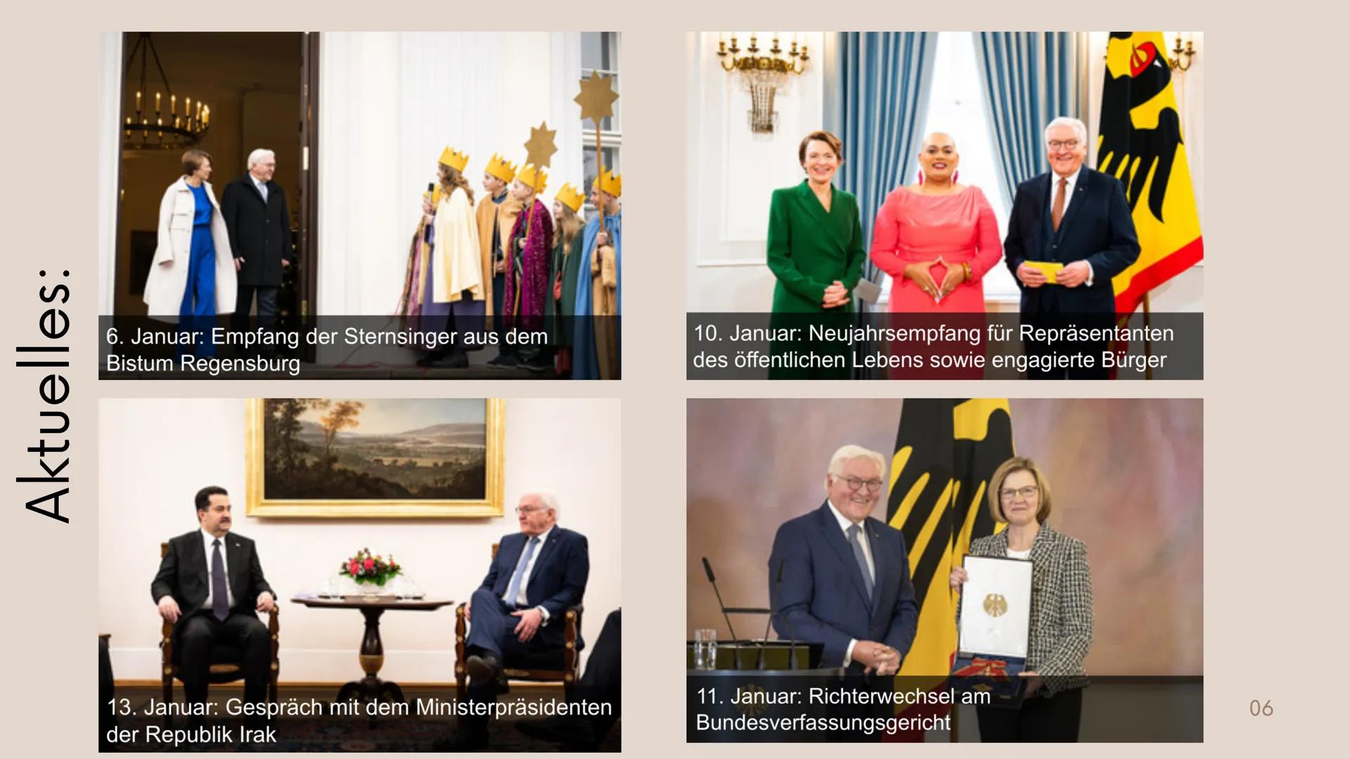 # DER
# BUNDESPRÄSIDENT
VERFASSUNGSORGANE # GLIEDERUNG
1. BIOGRAFIE
2. AUFGABEN
    * INLAND
    * AUSLAND
3. WAHL
4. BUNDESPRÄSIDIALAMT