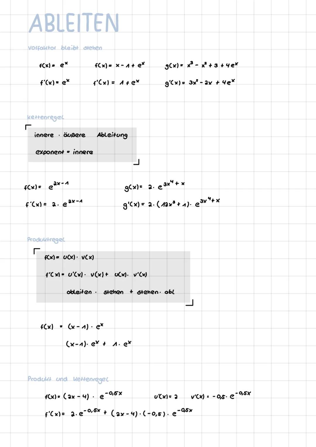 E-FUNKTION
8888
f(x) = ex
f'(x) = ex
GRAPHISCH
all.
lex
e- gleichung
S = 3*
Log 35 = x
=> Log
1.log
streng monoton steigend
keine Nullstelle