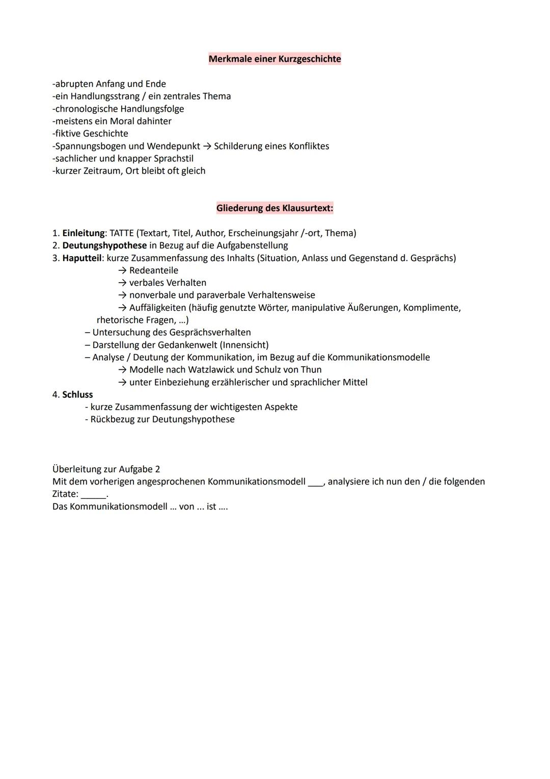 # Deutsch Lernzettel
Kurzgeschichten zur Kommunikation
1. Analysiere die Kurzgeschichte
- Inhaltsangabe
- Situation, Anlass und Gegenstand