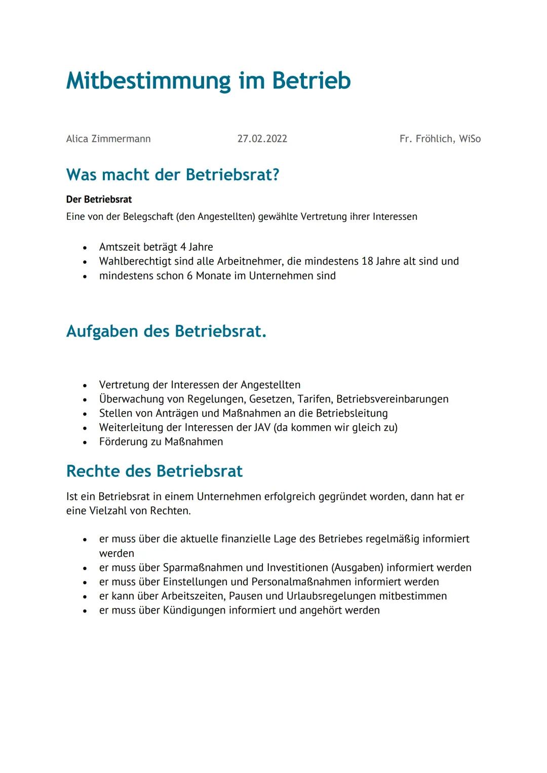 Mitbestimmung im Betrieb
Alica Zimmermann
Was macht der Betriebsrat?
●
Der Betriebsrat
Eine von der Belegschaft (den Angestellten) gewählte