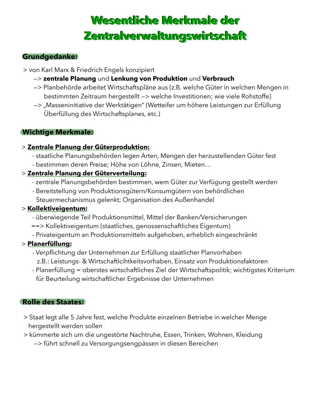 # Wesentliche Merkmale der
# Zentralverwaltungswirtschaft
Grundgedanke:
> von Karl Marx & Friedrich Engels konzipiert
-> zentrale Planung