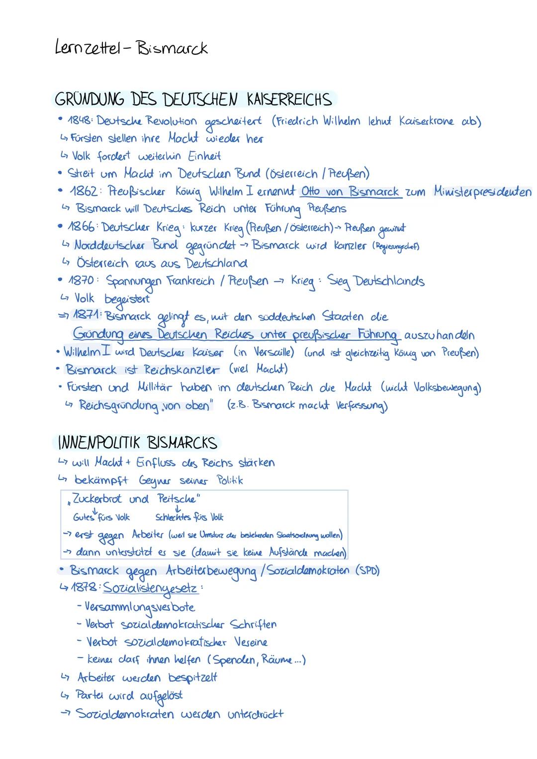 Lernzettel- Bismarck
GRÜNDUNG DES DEUTSCHEN KAISERREICHS
• 1848: Deutsche Revolution gescheitert (Friedrich Wilhelm lehut Kaiserkrone ab)
↳