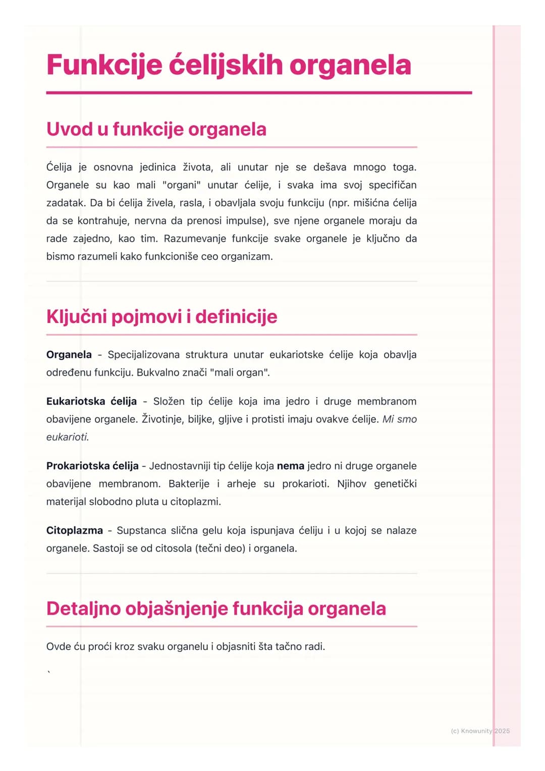 # Funkcije ćelijskih organela
## Uvod u funkcije organela
Ćelija je osnovna jedinica života, ali unutar nje se dešava mnogo toga.
Organele