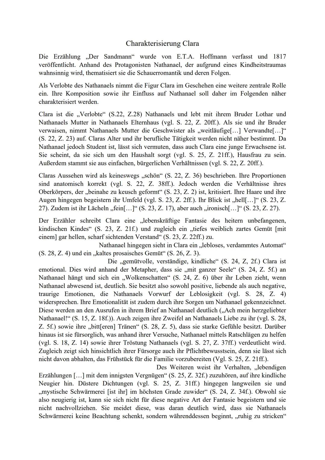 # Charakterisierung Clara
Die Erzählung „Der Sandmann" wurde von E.T.A. Hoffmann verfasst und 1817
veröffentlicht. Anhand des Protagonisten