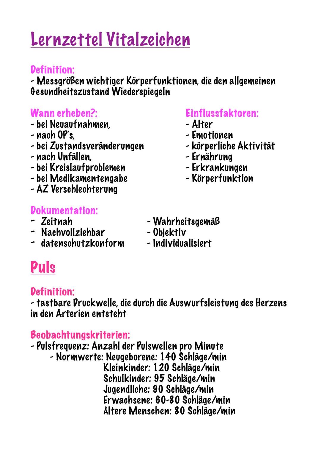 # Lernzettel Vitalzeichen
Definition:
- Messgrößen wichtiger Körperfunktionen, die den allgemeinen
Gesundheitszustand Wiederspiegeln
Wann