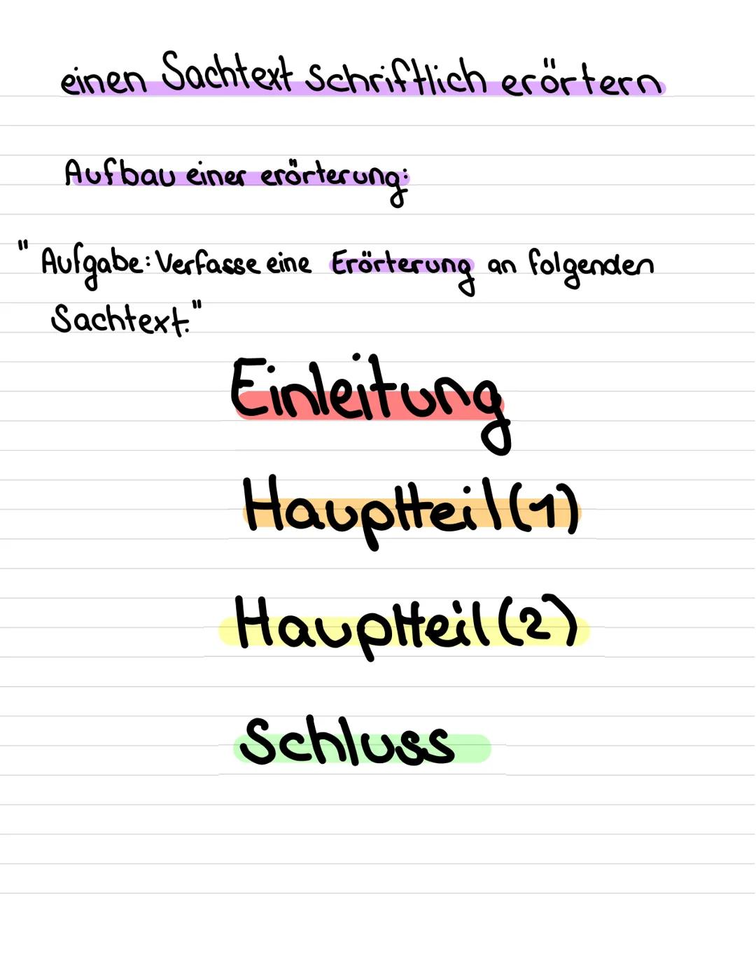 einen Sachtext Schriftlich erörtern
Aufbau einer erörterung:
" Aufgabe: Verfasse eine Erörterung an folgenden
Sachtext"
Einleitung
Haupt