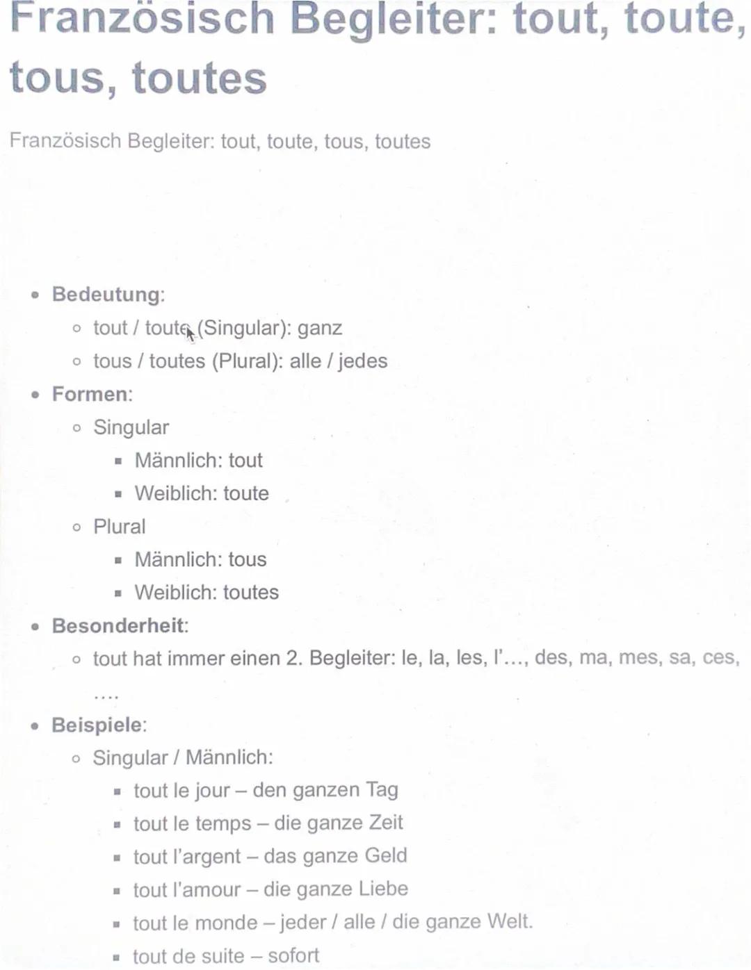 Französisch Begleiter: tout, toute,tous,toutes