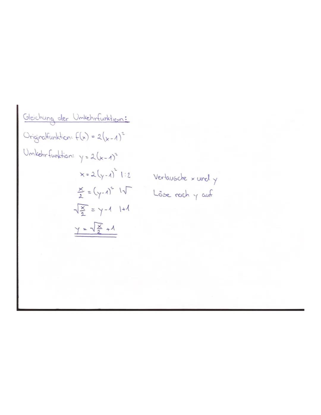 Wurzelfunktionen
Eigenschaften:
-Schreibweisen: f(x)= ª√/x² oder f(x) = x²
-unter der Quadratwurzel darf keine
-Umkehrfunktion: Quadratfunkt