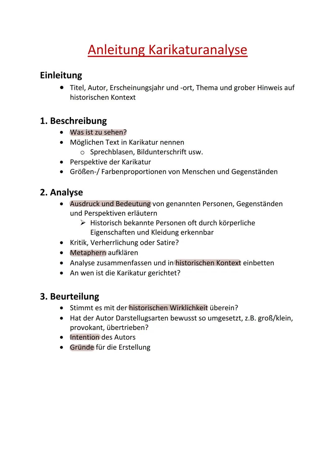 Anleitung Karikaturanalyse
Einleitung
• Titel, Autor, Erscheinungsjahr und -ort, Thema und grober Hinweis auf
historischen Kontext
1. Beschr