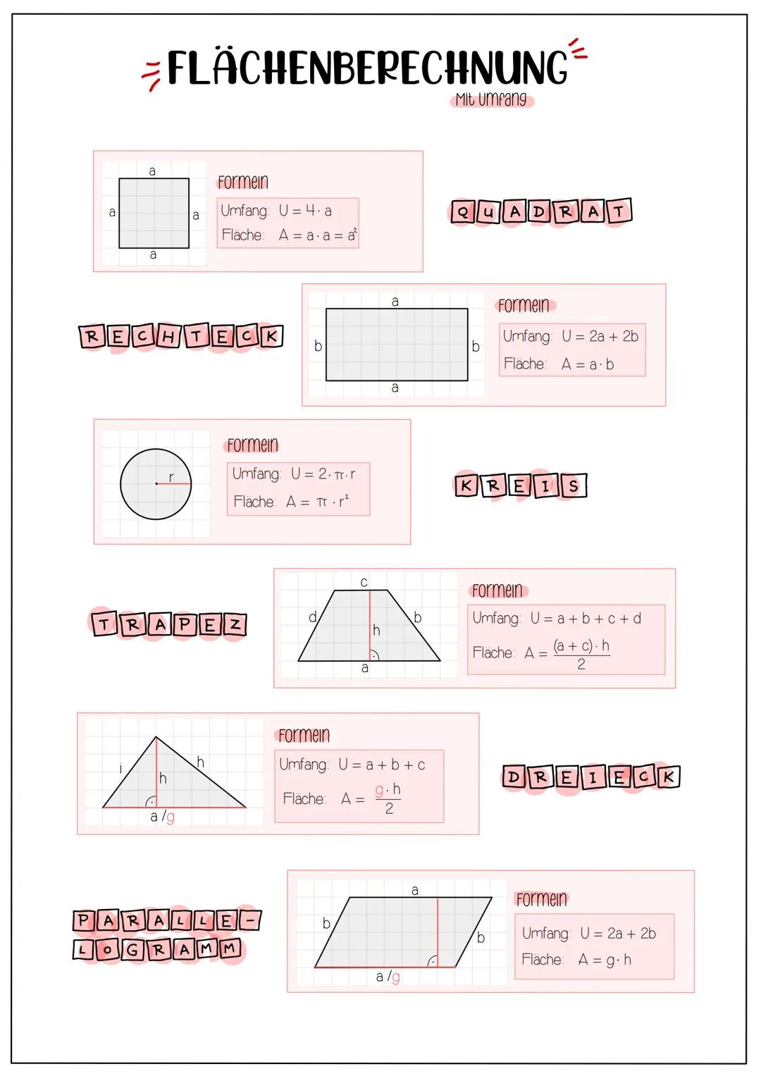 # FLÄCHENBERECHNUNG
Mit umfang
a
Formein
Umfang: U = 4. a
a
Flache A=a·a = $a^2$
a
QUADRAT
RECHTECK
a
Formein
Umfang U = 2a + 2b
b