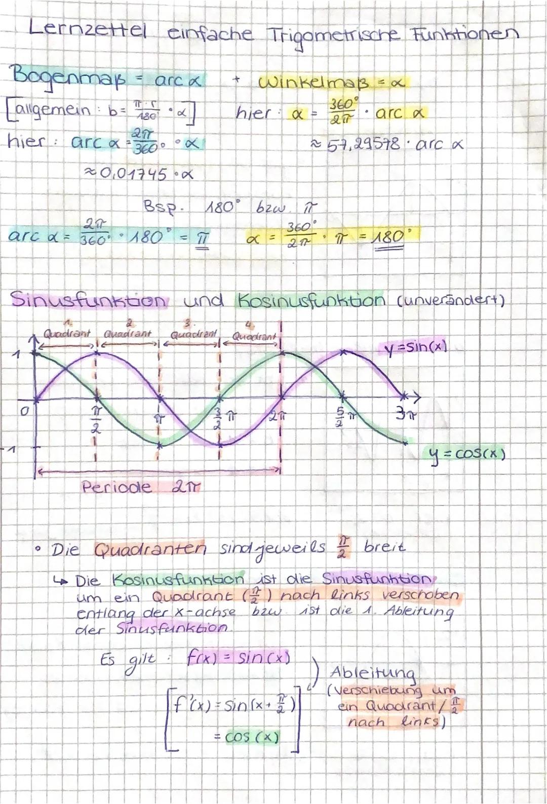 Lernzettel einfache Trigometrische Funktionen
Bogenmaß = arc x
[allgemein: b = 180
277
360°
hier: arca =
27
arc α = 360⁰
1
*0.01745 x
10
。
1