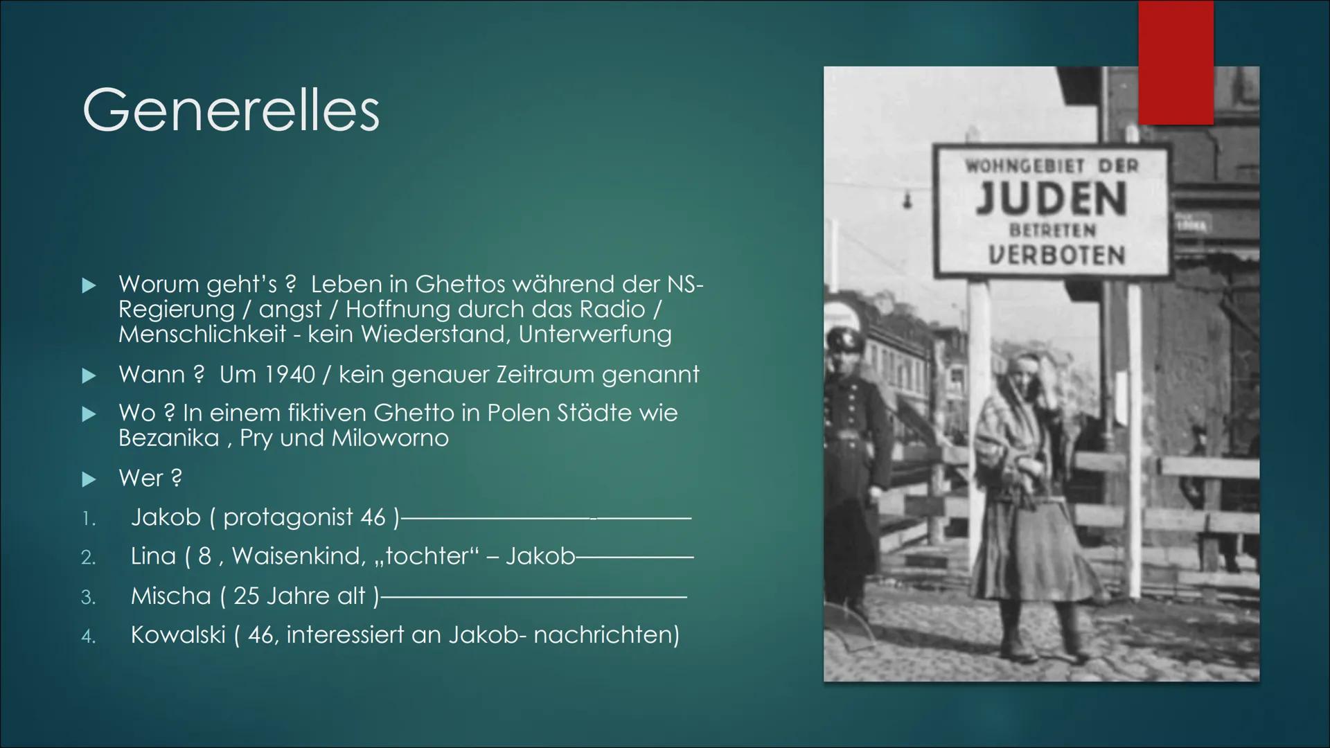 Jurek Becker
Jakob der Lügner
Roman
Suhrkamp
Buchprojekt
Jakob der Lügner
Elena, Zoé, Adam, Finn Generelles
1.
2.
3.
4.
Worum geht's ? Leben