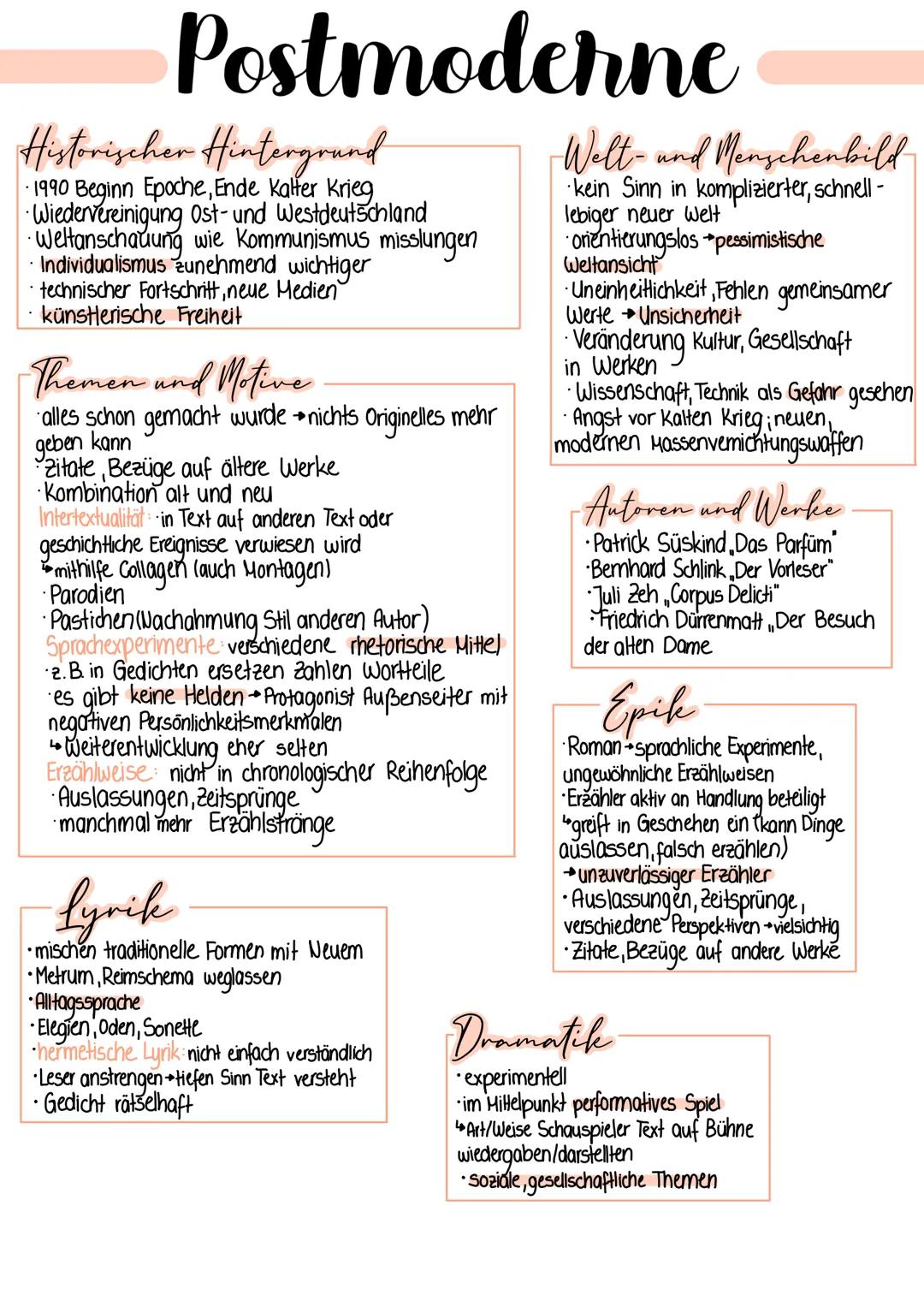 Postmodenne
Historischer Hintergrund
·1990 Beginn Epoche, Ende Kalter Krieg
•Wiedervereinigung Ost- und Westdeutschland
•Weltanschauung wie
