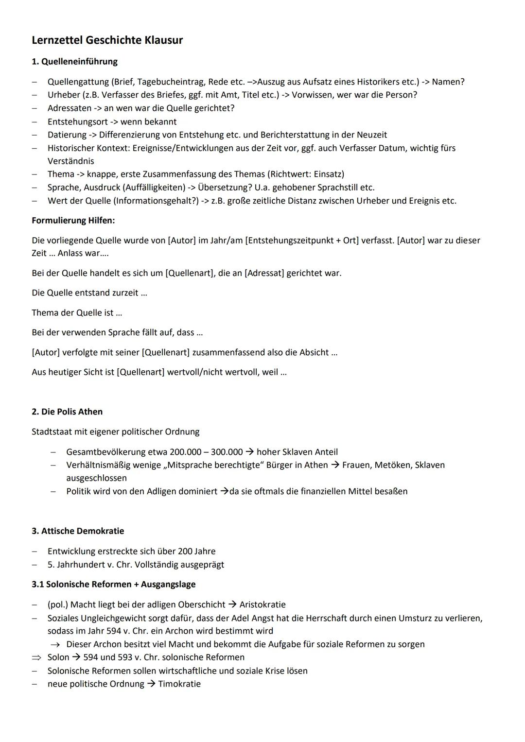 # Lernzettel Geschichte Klausur
1. Quelleneinführung
- Quellengattung (Brief, Tagebucheintrag, Rede etc. ->Auszug aus Aufsatz eines Histor